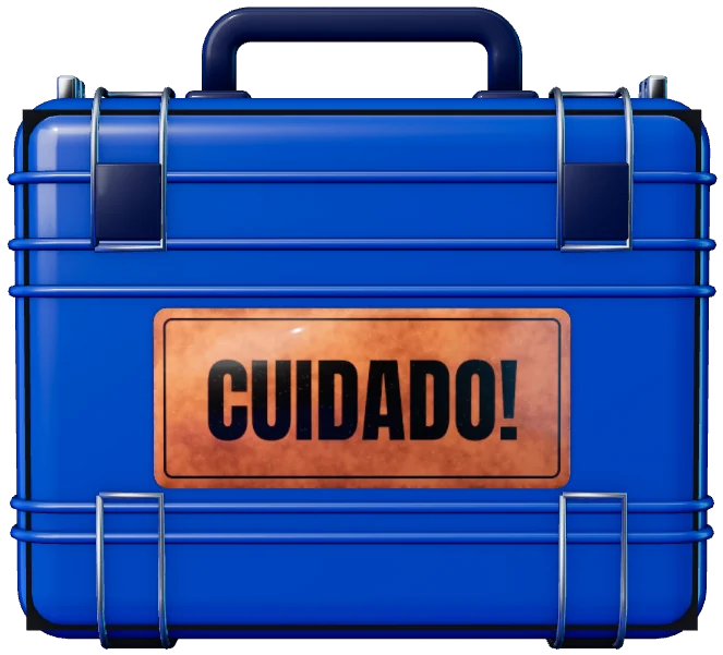 Maleta azul com a placa “Cuidado!”